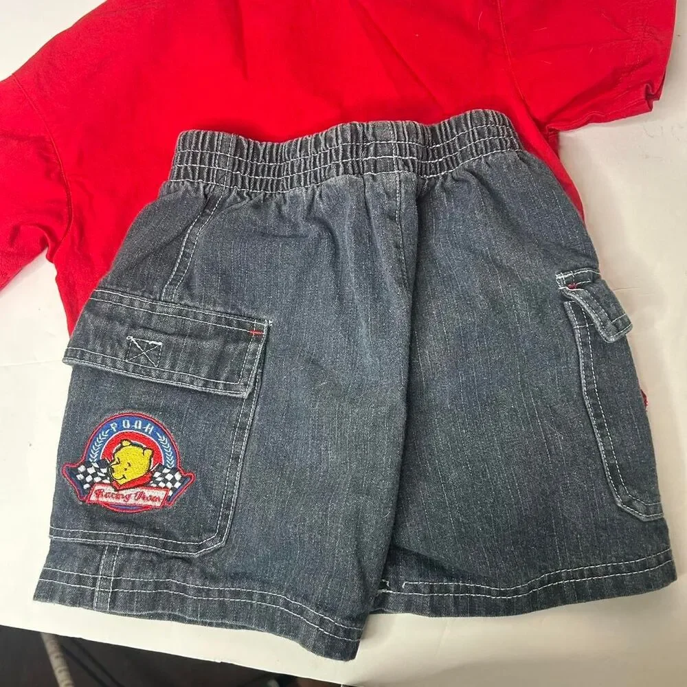 Vintage Disney Winnie the Pooh Racing red button up shirt denim shorts set 2T